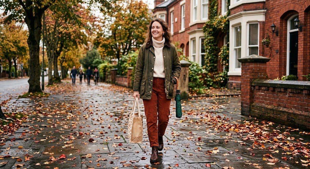 Autumn rainy day outfit for mums with a waxed jacket, roll-neck jumper and cord trousers.