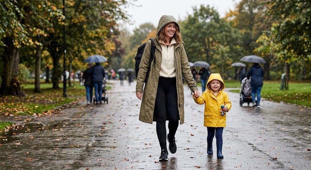 Casual rainy day outfit with a long raincoat, leggings and trainers for busy mums