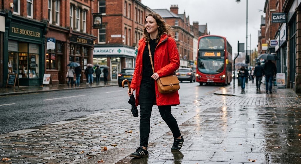 Colourful rainy day outfit with a red raincoat, black jeans and waterproof trainers.