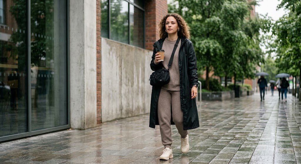 Mum wearing a matching knit set, long raincoat and waterproof trainers on a rainy day.