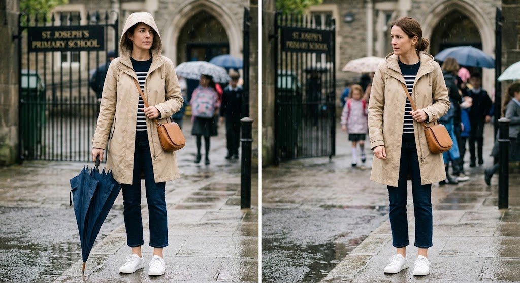 Mum wearing a trench coat, striped jumper, cropped jeans and trainers on a rainy school run