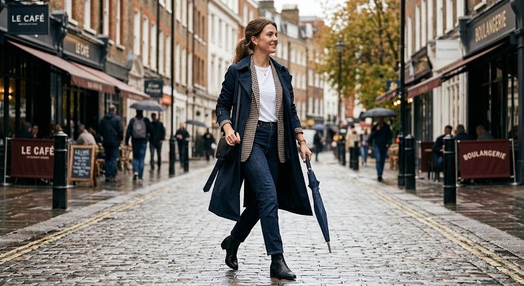 Polished rainy day outfit with a blazer, dark jeans, trench coat and ankle boots.