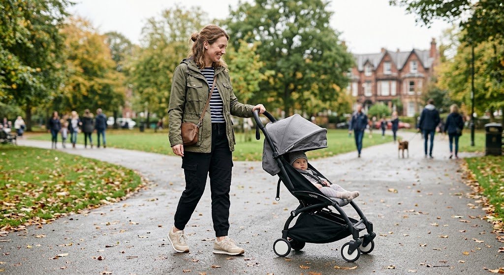 Practical rainy day mum outfit with a utility jacket, cargo trousers and trainers.