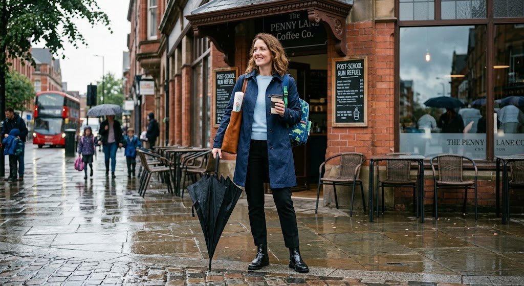 Smart rainy school-run outfit with a waterproof mac, cropped trousers and ankle boots