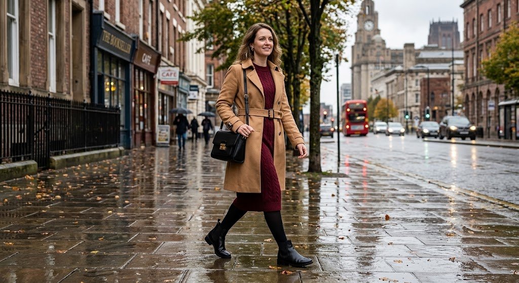 Stylish rainy day outfit for mums with a knitted dress, belted coat and ankle boots