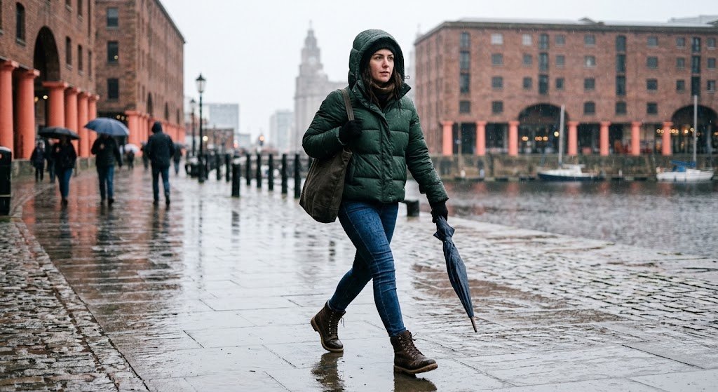Warm rainy day outfit for mums with a waterproof puffer, jeans and lace-up boots